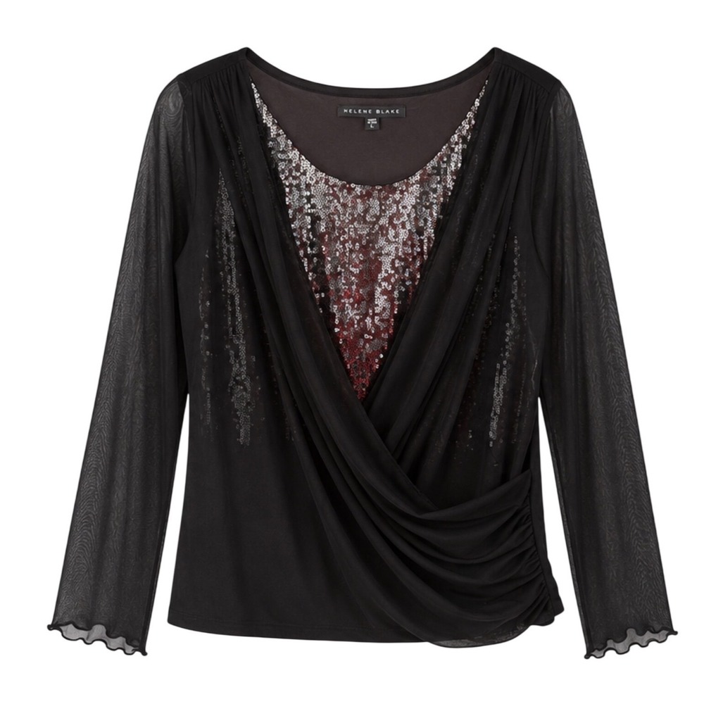 Helene Blake Womens Black Red Sequin Faux Wrap Top Sheer Long Sleeve Blouse L